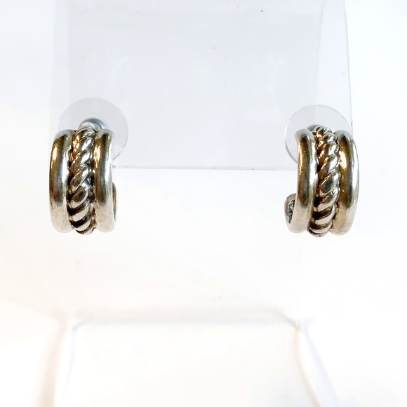 Sterling Silver 925 Small Hoop Earrings 3/8" wide, 5/8" Diameter, Rope Design - Picture 1 of 6